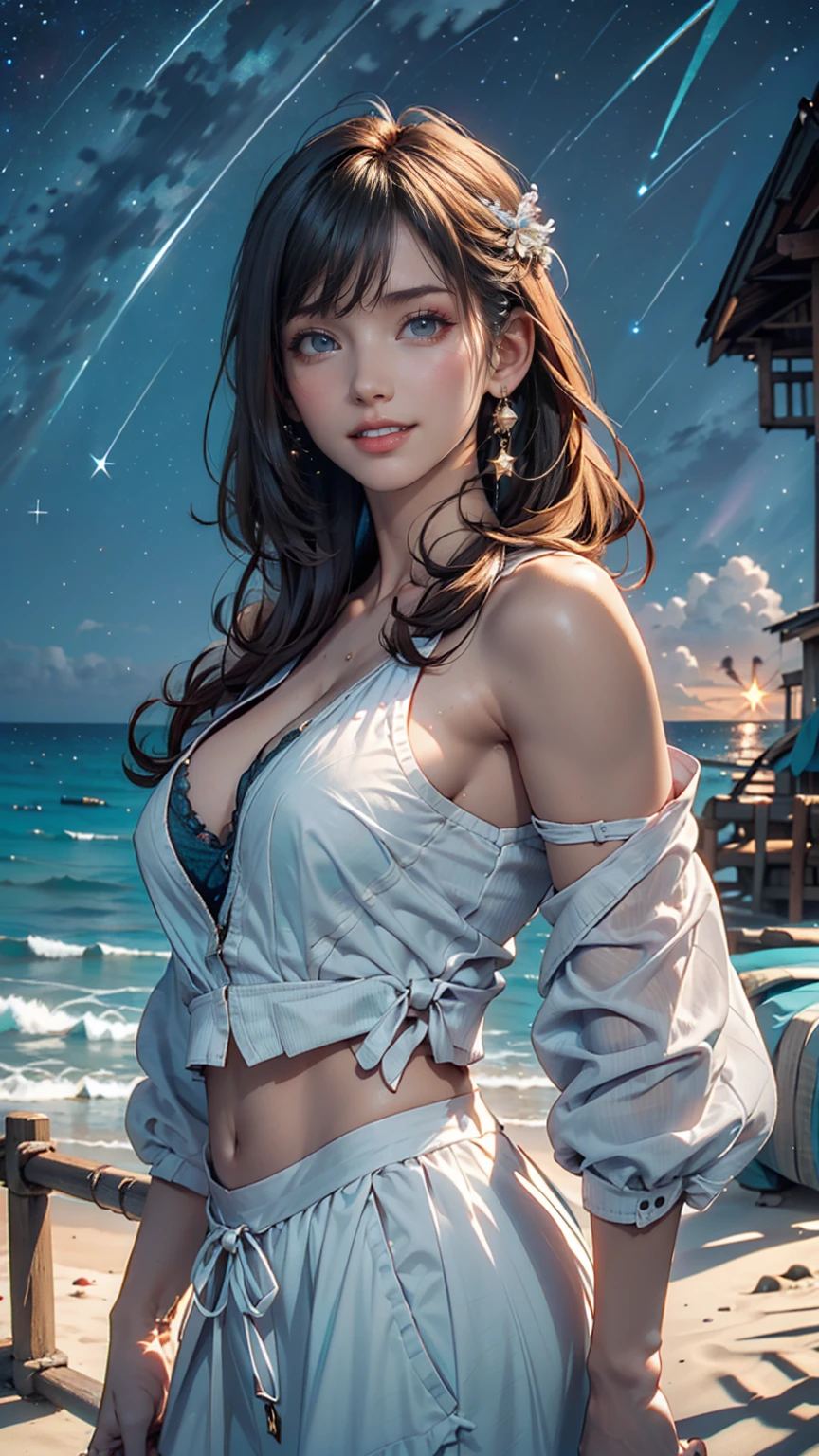 ((masterpiece,Highest quality, detailed)), Cowboy Shot, (One person:1.2), alone, (Captivating smile:1.3), chest, Are standing, View your viewers, (Ocean:1.3),(Starry Sky:1.3) ,