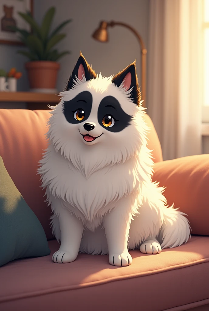Black anime Samoyed sitting on a sofa