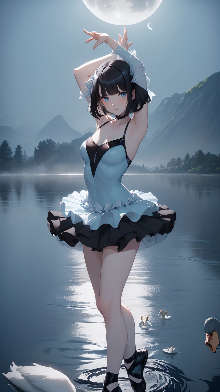 Highest quality, flying debris、Beautiful woman、Black Hair、(Dark blue eyes、Blunt bangs、Blunt bangs)、short hair、beginner,Full body portrait、break(Ballet Dancer、Ballet Dress、Tutu skirt:1.2)、break(((The lake of swan、Moonlit Night:1.3))),Big Breasts、((The fog is thick.))、BREAK((Black and light blue theme:1.2))