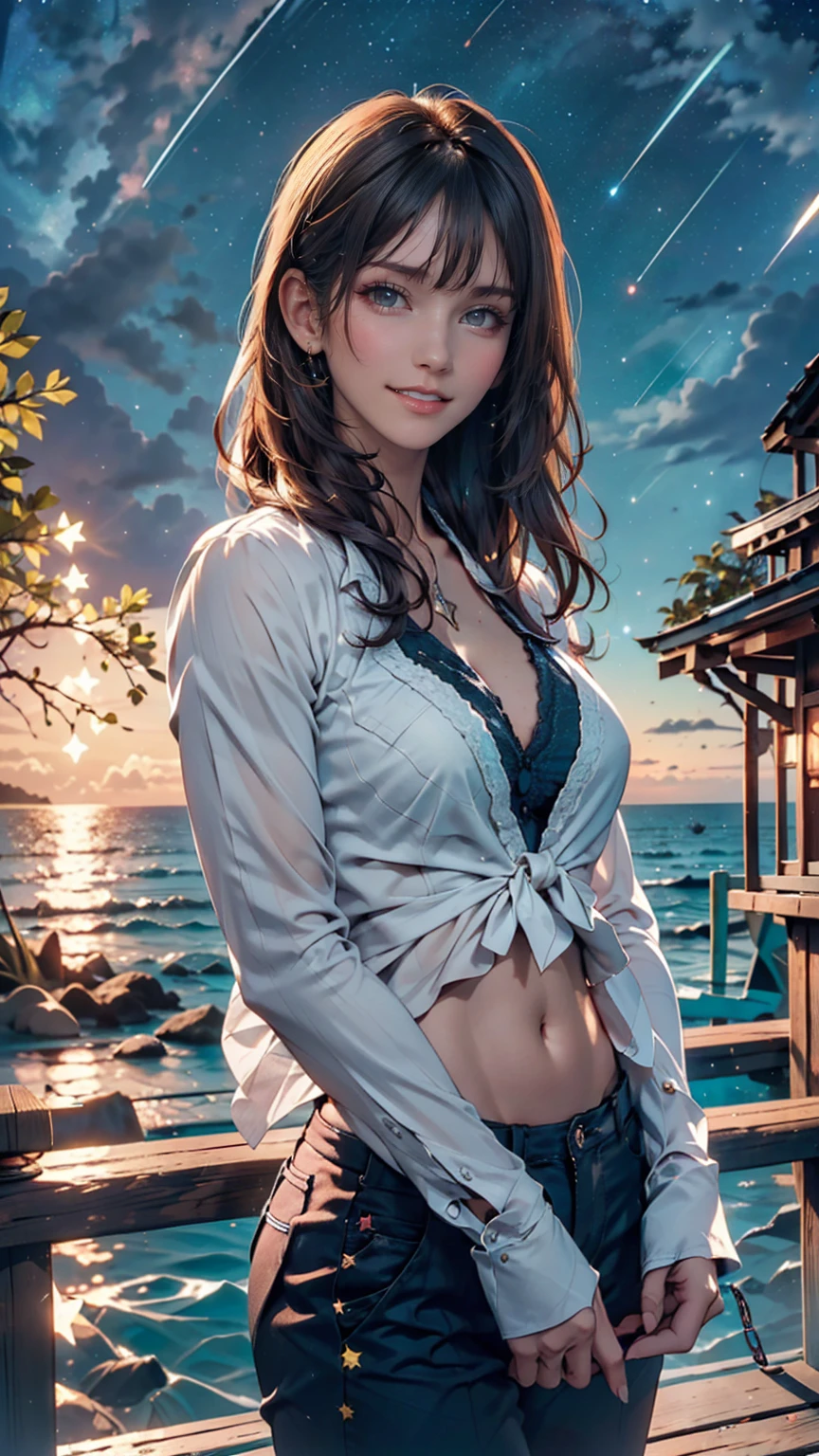 ((masterpiece,Highest quality, detailed)), Cowboy Shot, (One person:1.2), alone, (Captivating smile:1.3), chest, Are standing, View your viewers, (Ocean:1.3),(Starry Sky:1.3) ,