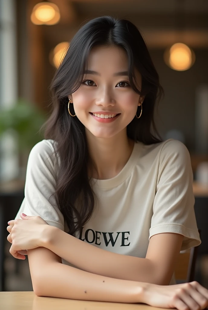 Below shoulder long、Layer Styles、Thin tip、A refined and stylish young woman with a clear complexion、Thready hair、Shiny Hair、Gold Hoop Earrings、Loewe T-shirt、Brown Color Hair、Japanese、Outline of an inverted triangle、Big eyes、Clear face、smile、Put your elbows on the table、