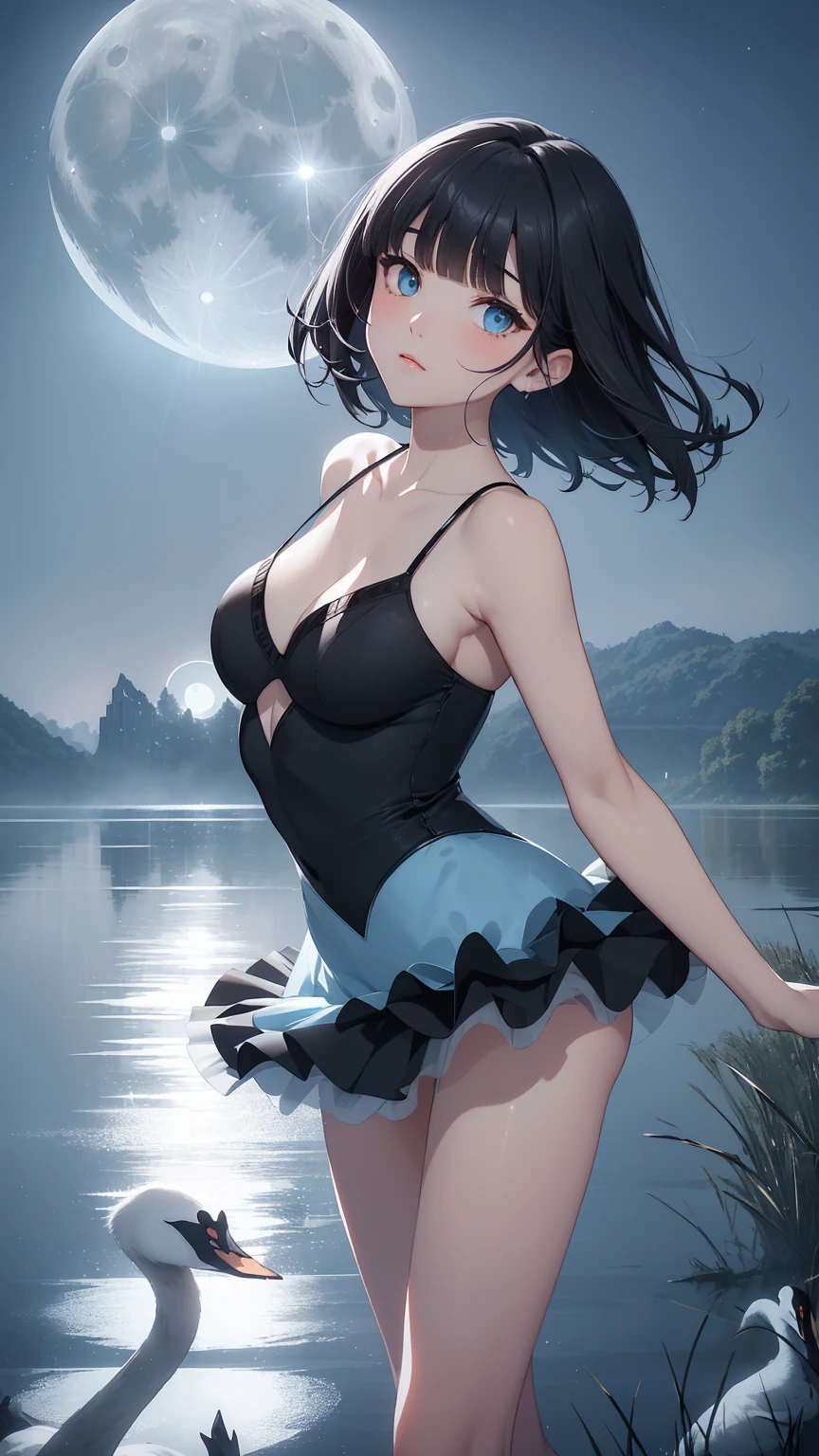 Highest quality, flying debris、Beautiful woman、Black Hair、(Dark blue eyes、Blunt bangs、Blunt bangs)、short hair、beginner,Full body portrait、break(Ballet Dancer、Ballet Dress、Tutu skirt:1.2)、break(((The lake of swan、Moonlit Night:1.3))),Big Breasts、((The fog is thick.))、BREAK((Black and light blue theme:1.2))