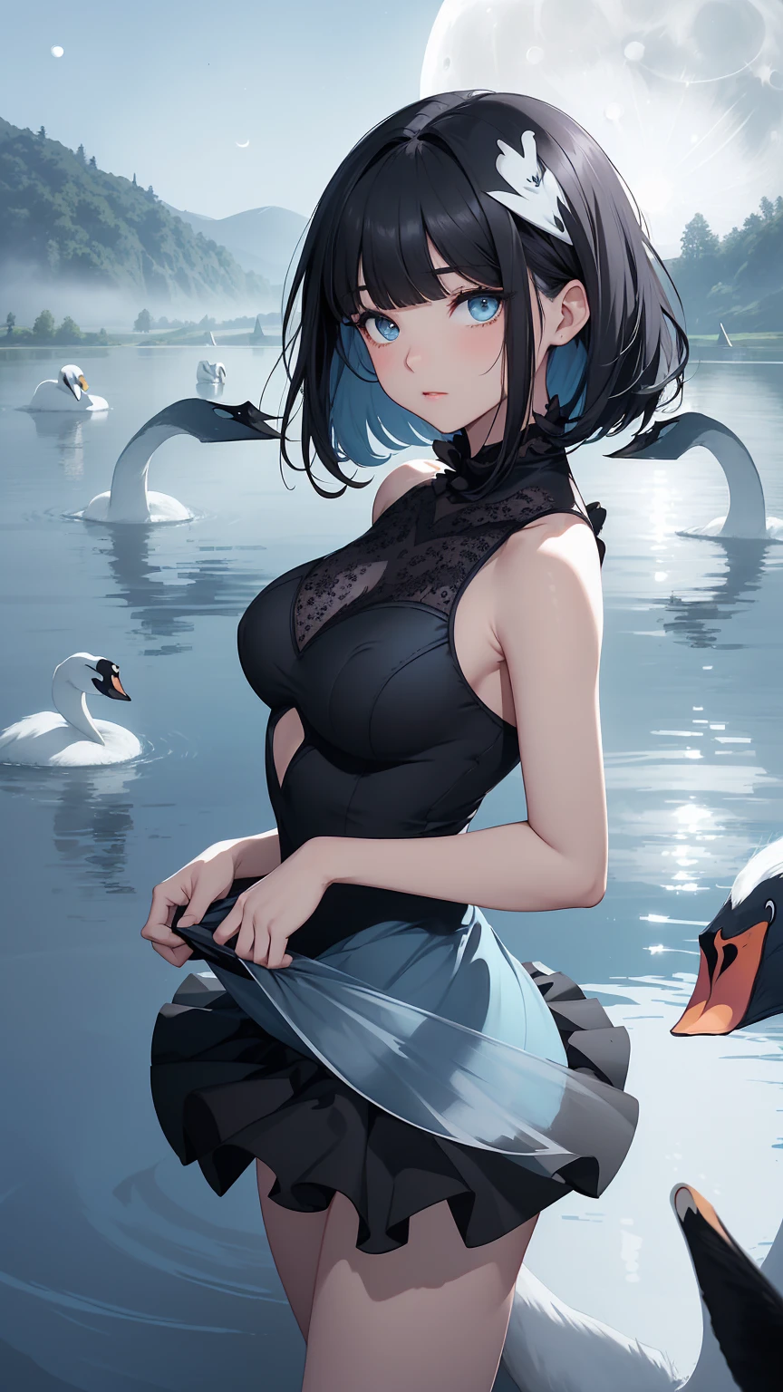 Highest quality, flying debris、Beautiful woman、Black Hair、(Dark blue eyes、Blunt bangs、Blunt bangs)、short hair、beginner,Full body portrait、break(Ballet Dancer、Ballet Dress、Tutu skirt:1.2)、break(((The lake of swan、Moonlit Night:1.3))),Big Breasts、((The fog is thick.))、BREAK((Black and light blue theme:1.2))