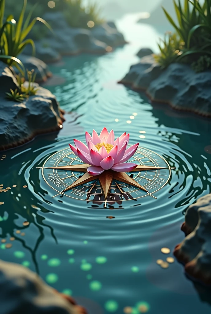 1. River: Imagine a winding river flowing from the bottom of the image upwards. It could be depicted with gentle curves and reflections to suggest movement and depth.
2. Compass Rose: Place the compass rose at the center or slightly above the river. The compass rose can have intricate details with cardinal points clearly marked, symbolizing direction and guidance.
3. Lotus Flower: Position the lotus flower either floating on the river or placed above the compass rose. The lotus can be detaile