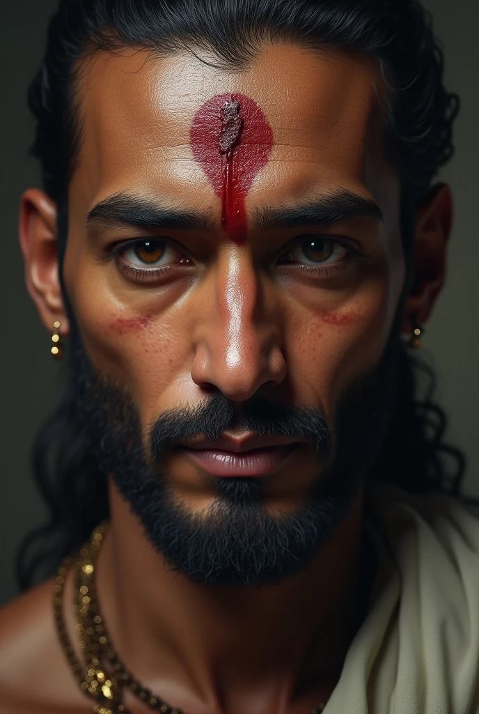 "close-up of King Bhoj's face with a calm and gentle expression, focusing on the wound on his head. His eyes reflect a sense of purpose and compassion."