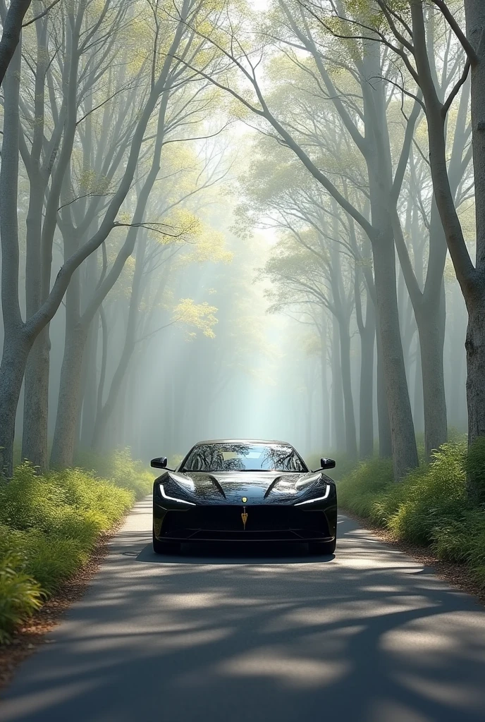 One black Indian car stand in road with some white tree