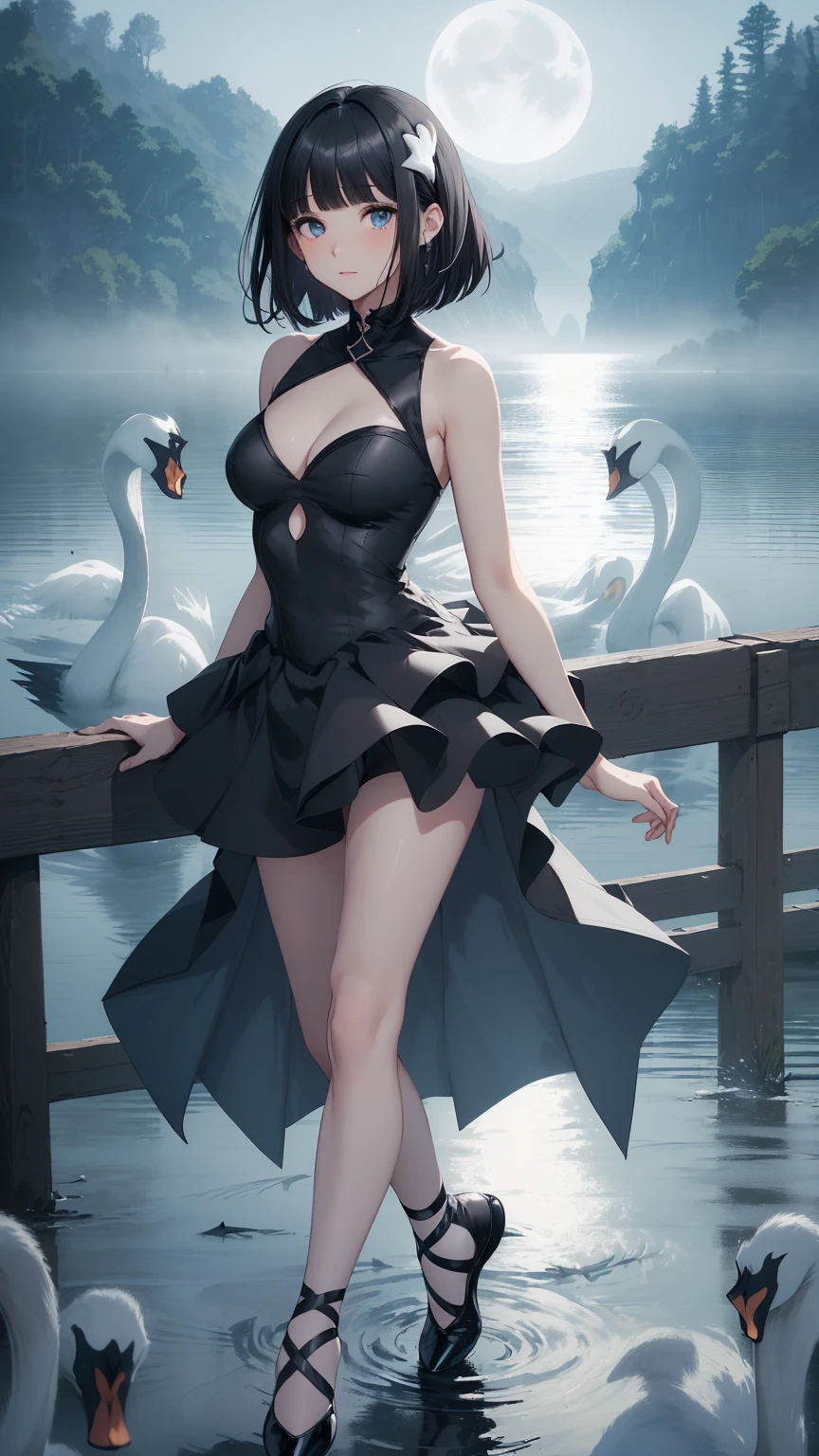 Highest quality, flying debris、Beautiful woman、Black Hair、(Dark blue eyes、Blunt bangs、Blunt bangs)、short hair、beginner,Full body portrait、break(Ballet Dancer、Ballet Dress、Tutu skirt:1.2)、break(((The lake of swan、Moonlit Night:1.3))),Big Breasts、((The fog is thick.))、BREAK((Black and light blue theme:1.2))