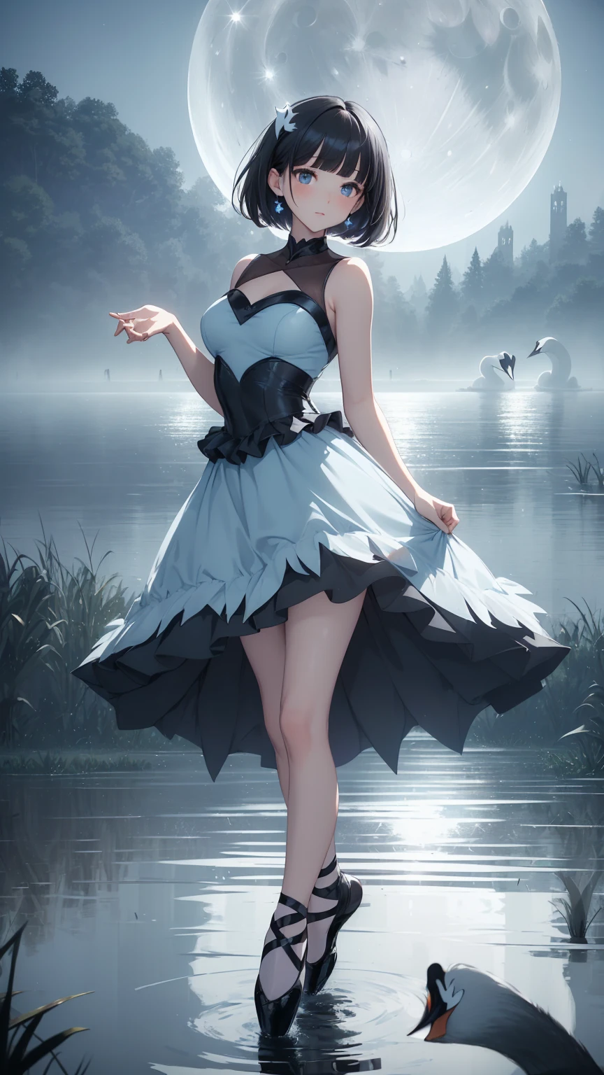 Highest quality, flying debris、Beautiful woman、Black Hair、(Dark blue eyes、Blunt bangs、Blunt bangs)、short hair、beginner,Full body portrait、break(Ballet Dancer、Ballet Dress、Tutu skirt:1.2)、break(((The lake of swan、Moonlit Night:1.3))),Big Breasts、((The fog is thick.))、BREAK((Black and light blue theme:1.2))