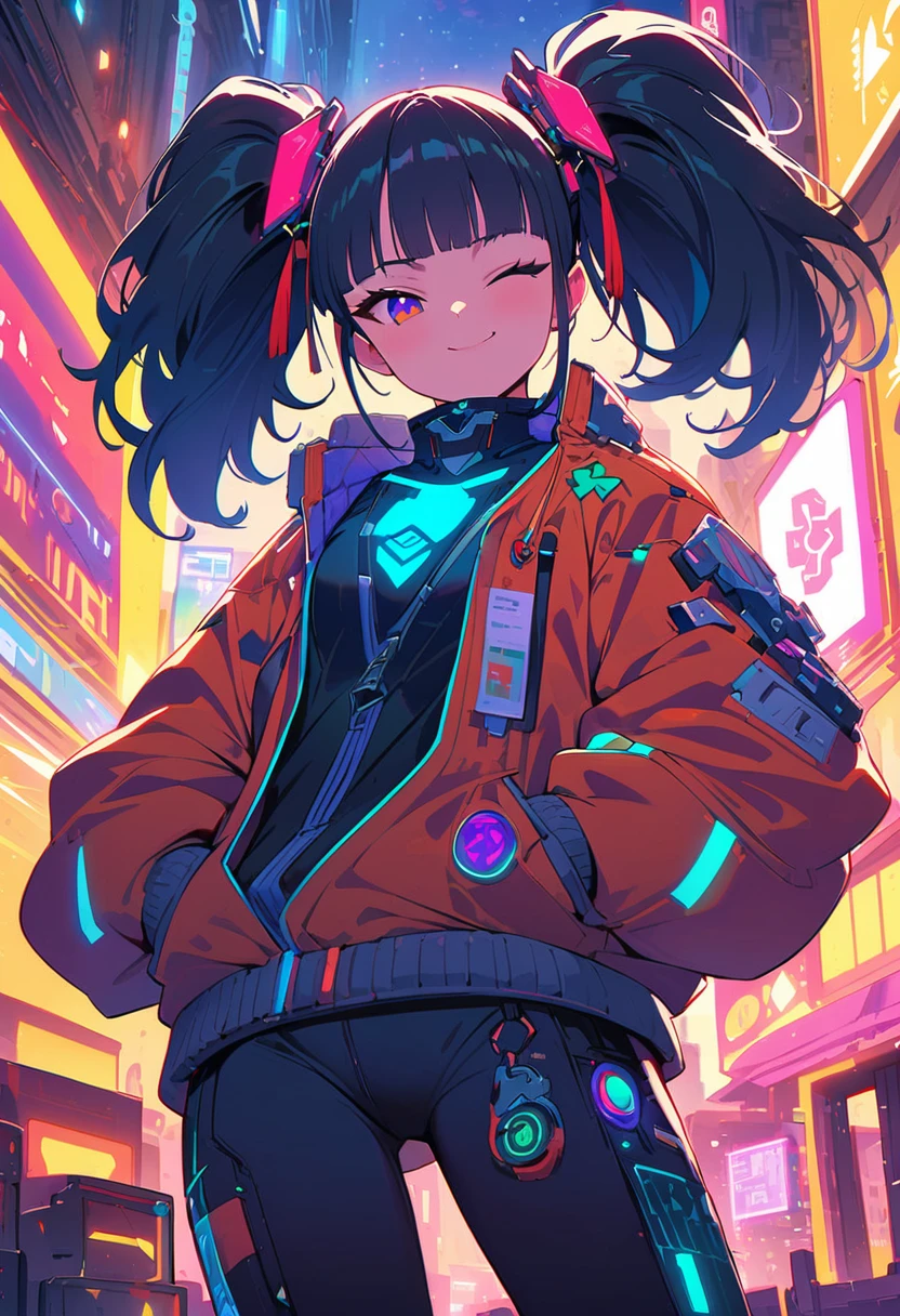 (best quality), (ultrafein), (masterpiece), Illustration, a girl,China-Samurai,cyberpunk, (cyberpunk,Samurai-Costume,Cybernetic implants), (moving towards the viewer, looks down towards the viewer, low angle view), twintail, Hair Accessories, bright colours,(puts her hands inside the jacket-pockets), smiles and winks, dynamic lighting,neon lights,Fashionable clothing of the future,a mix of traditional and modern elements,Avantgardistisches Make-up,exquisite hairstyle,Self-confidence and determination, Metall Textur,Mechanical Armor, gorgeous accessories,High-Tech-Gadgets,Impressive cybernetic improvements,Clear focus,Grumpy Details, Overclocked rendering, Cinematic edge light, fine light, masterpiece, super Details, epic work, Ultra-High-Definition, good quality, 32K