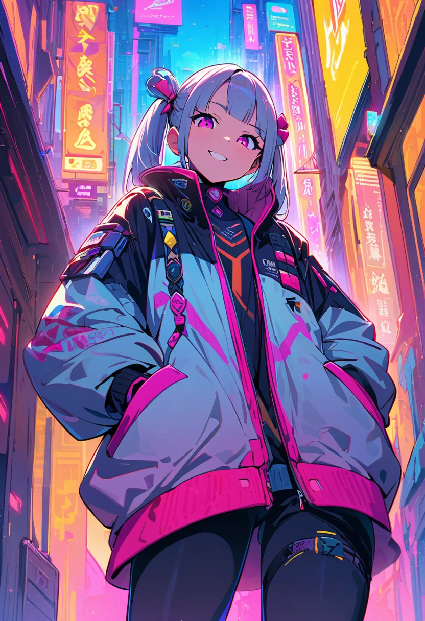 (best quality), (ultrafein), (masterpiece), Illustration, a girl,China-Samurai,cyberpunk, (cyberpunk,Samurai-Costume,Cybernetic implants), (moving towards the viewer, looks down towards the viewer, low angle view), twintail, Hair Accessories, bright colours,(puts her hands inside the jacket-pockets), smiles and winks, dynamic lighting,neon lights,Fashionable clothing of the future,a mix of traditional and modern elements,Avantgardistisches Make-up,exquisite hairstyle,Self-confidence and determination, Metall Textur,Mechanical Armor, gorgeous accessories,High-Tech-Gadgets,Impressive cybernetic improvements,Clear focus,Grumpy Details, Overclocked rendering, Cinematic edge light, fine light, masterpiece, super Details, epic work, Ultra-High-Definition, good quality, 32K