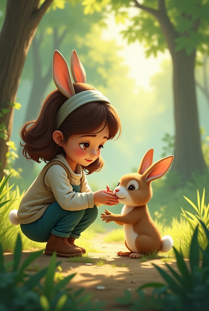 “A young girl named Lily, with a curious expression, kneeling beside a small, injured rabbit under a bush in a peaceful forest. The forest is bathed in soft sunlight, with tall trees and green foliage. Lily is gently holding the rabbit, who looks scared but comforted by her presence.”