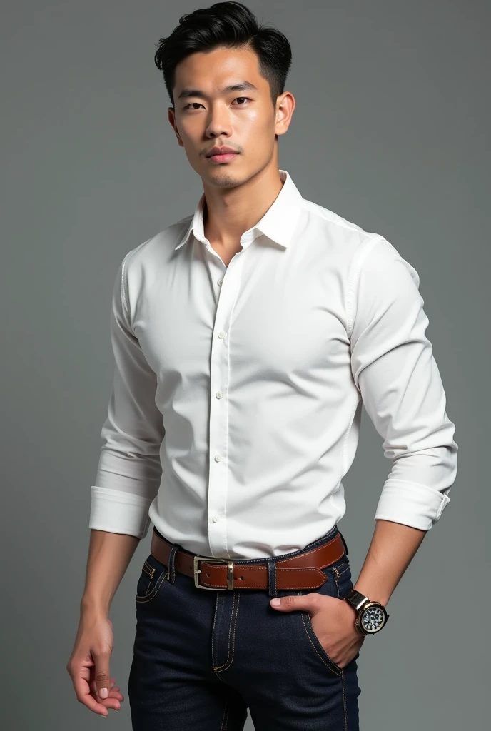 masterpiece, Best quality, realistic, a handsome Thai guy dressed in a casual yet stylish outfit, wearing a prominently visible wristwatch. The outfit should be modern and elegant, with meticulous attention to detail in both the clothing and accessories. The wristwatch adds a touch of sophistication to his overall look.