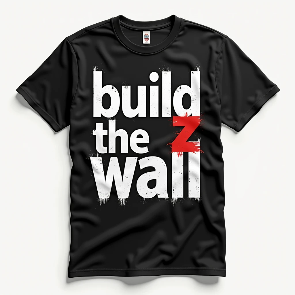 t-shirt design, the words "build the wall" with the last letter struck out and painted over with a Z