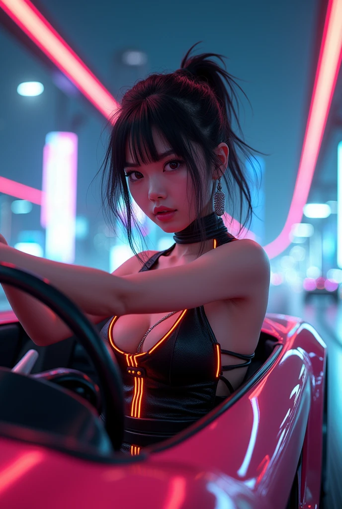 ultra-realistic, photorealistic, dramatic scene, (20 years old Japanese famous idol girl:1.5), Driving a cyber punk supercar, running at a futuristic cyber punk high way, dynamic angle, masterpiece, (close up of the face:1.6), beautiful eyes, (wearing a cyber punk party dress with neon markers), very large breasts, beautiful face,