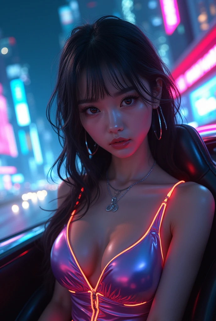 ultra-realistic, photorealistic, dramatic scene, (20 years old Japanese famous idol girl:1.5), Driving a cyber punk supercar, running at a futuristic cyber punk high way, dynamic angle, masterpiece, (close up of the face:1.6), beautiful eyes, (wearing a cyber punk party dress with neon markers), very large breasts, beautiful face,