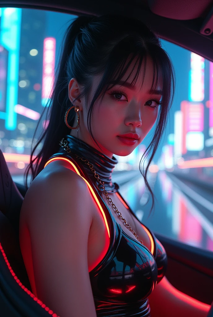 ultra-realistic, photorealistic, dramatic scene, (20 years old Japanese famous idol girl:1.5), Driving a cyber punk supercar, running at a futuristic cyber punk high way, dynamic angle, masterpiece, (close up of the face:1.6), beautiful eyes, (wearing a cyber punk party dress with neon markers), very large breasts, beautiful face,
