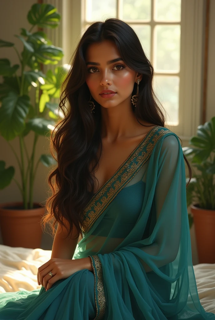 (photorealism:1.2), beautiful Indian Girl, 24 year , sitting on bed, wearing blue-green saree, long straight hair, 34 C breast Size, indoors, soft lighting, plants in background, window with sunlight, normal room, relaxed pose, realistic, intricate details, warm colors, by Greg Rutkowski, by Alphonse Mucha
