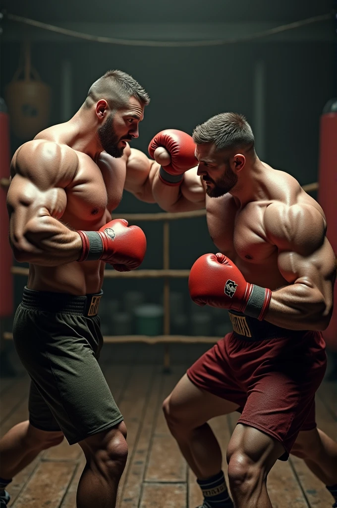 Two gay muscle handsome boxer men punching each other