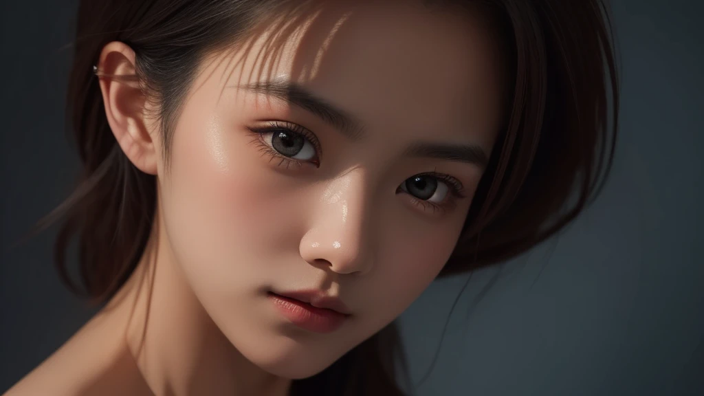 The illustration features high-quality and delicate details. A cute, innocent Asian teenage girl with light makeup, wearing revealing attire, a sexy figure, and detailed white skin. It has high resolution, presented as a 16K wallpaper with a completely dynamic structure. The painting includes exquisite and beautiful eyes, a captivating and expressive face, showcasing lively and elegant expressions. The subject is gazing slowly at the viewer against a black background, reminiscent of Mark Demsteader's style.