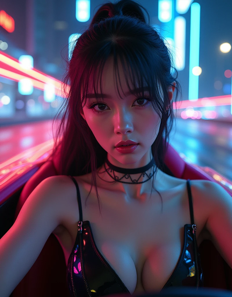 ultra-realistic, photorealistic, dramatic scene, (20 years old Japanese famous idol girl:1.5), Driving a cyber punk supercar, running at a futuristic cyber punk high way, dynamic angle, masterpiece, (close up of the face:1.6), beautiful eyes, (wearing a cyber punk party dress with neon markers), very large breasts, beautiful face,