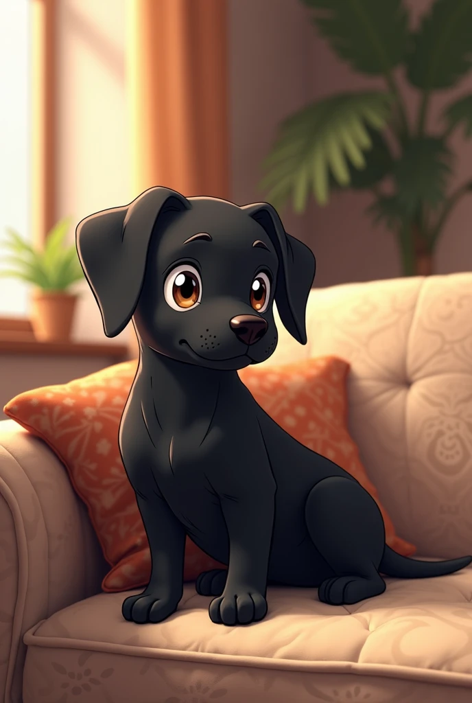 Black anime dog sitting on a sofa