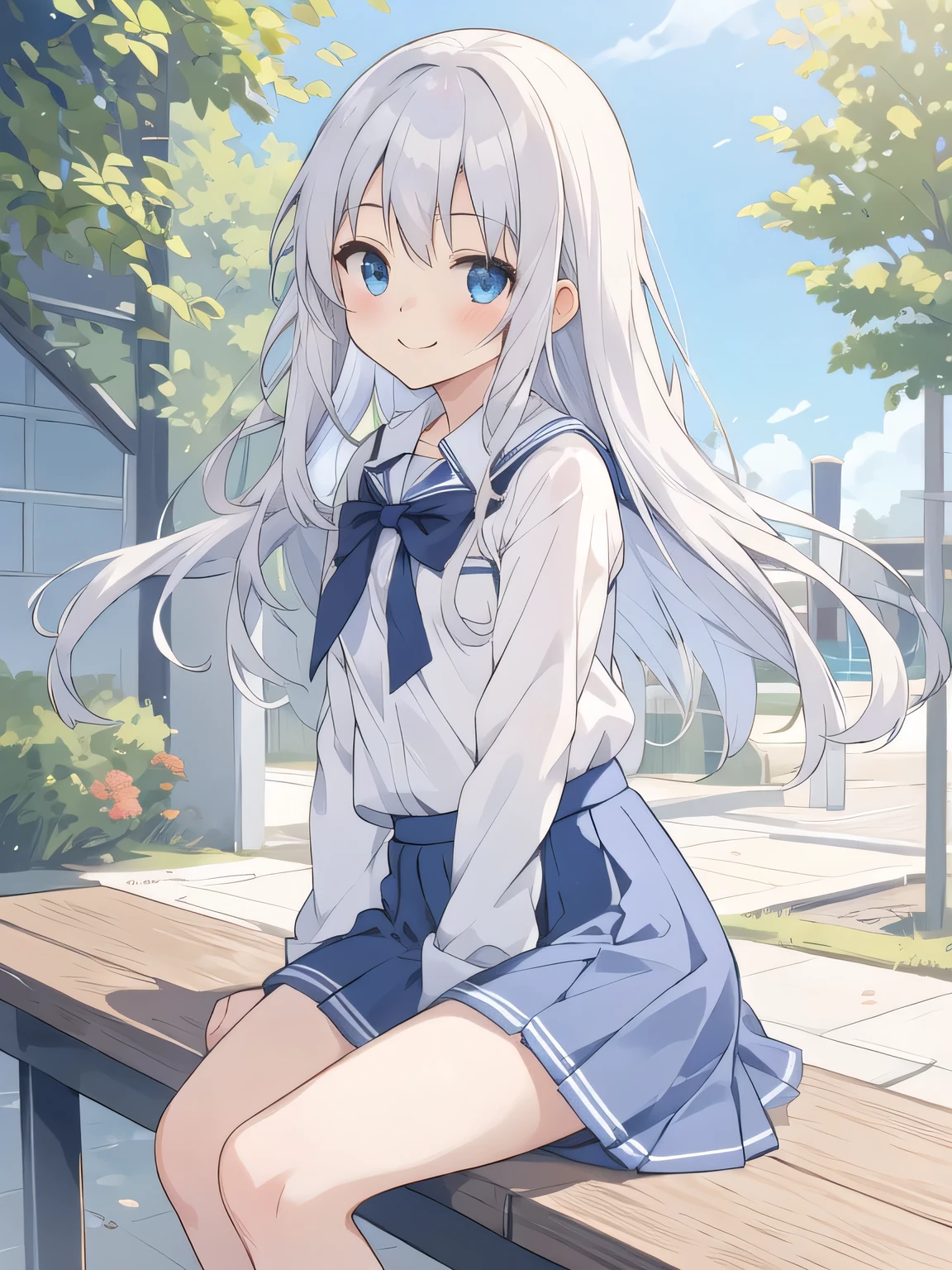 cute girl, アニメ, silver hair, Blue eyes, feel shy, cute, (young:1.1), side shot, cowboy shot, white school uniform, morning, school zone, smile, blue skirt, strong wind, white pantie, sitting, open leg, ローアングル