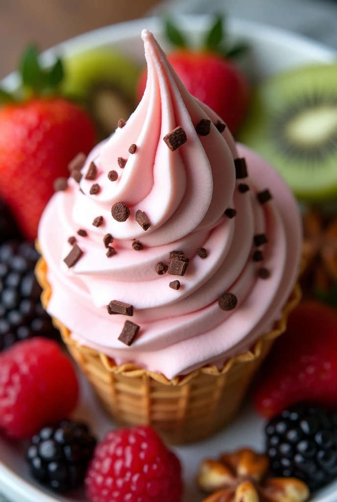 Soft strawberry ice cream with walnut toppings and chocolate sprinkles that looks appetizing and fruits around the image 100% natural
