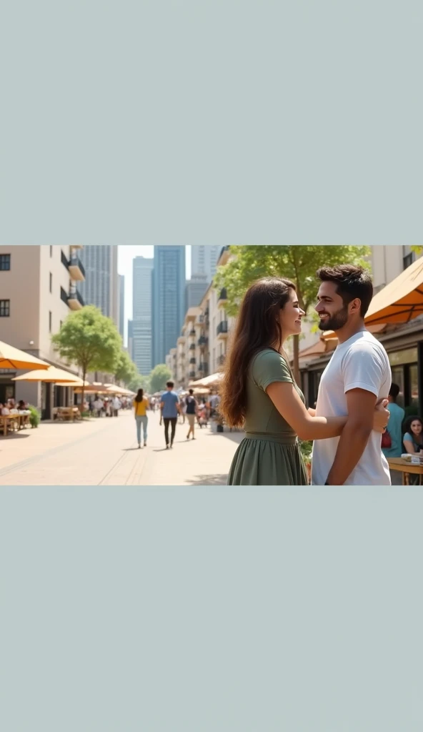 make a photo of two people in the picture I attached, saling berjabat tangan. then the background is replaced with an outdoor urban area atmosphere. make sure the face, facial expression, Skin color & Posture/body shape is made similar, smooth and realistic with the image files I attached