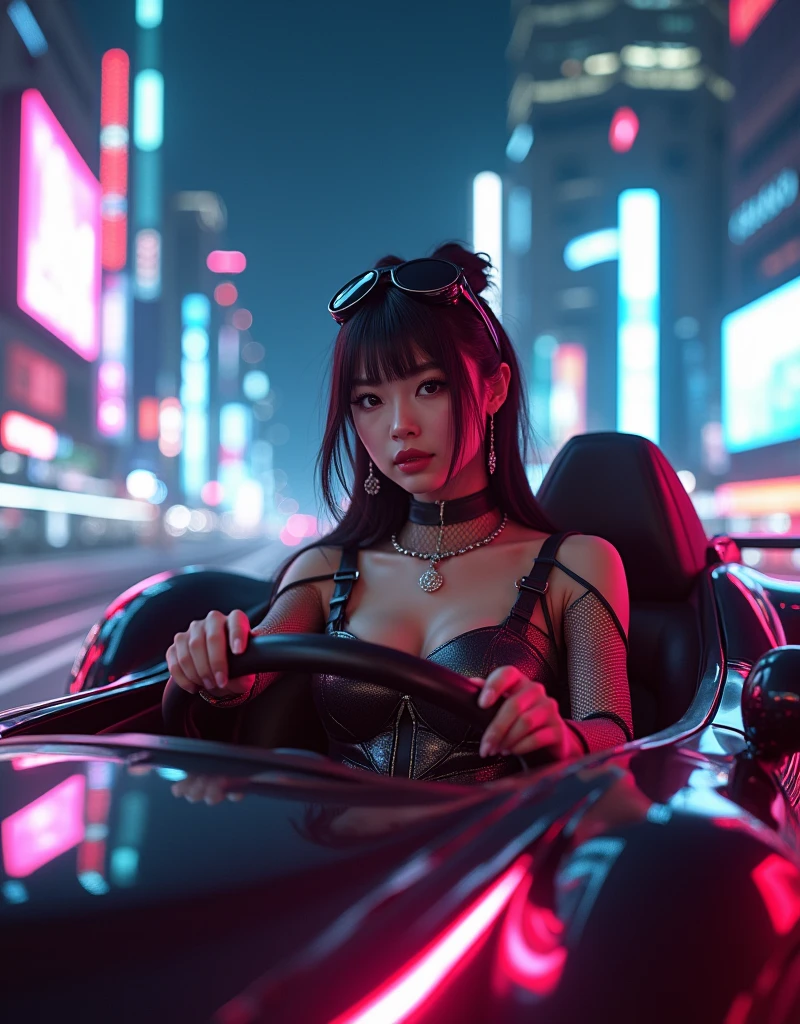 ultra-realistic, photorealistic, dramatic scene, (20 years old Japanese famous idol girl:1.5), Driving a cyber punk supercar, running at a futuristic cyber punk high way, dynamic angle, masterpiece, (close up of the face:1.6), beautiful eyes, (wearing a cyber punk party dress with neon markers), very large breasts, beautiful face,