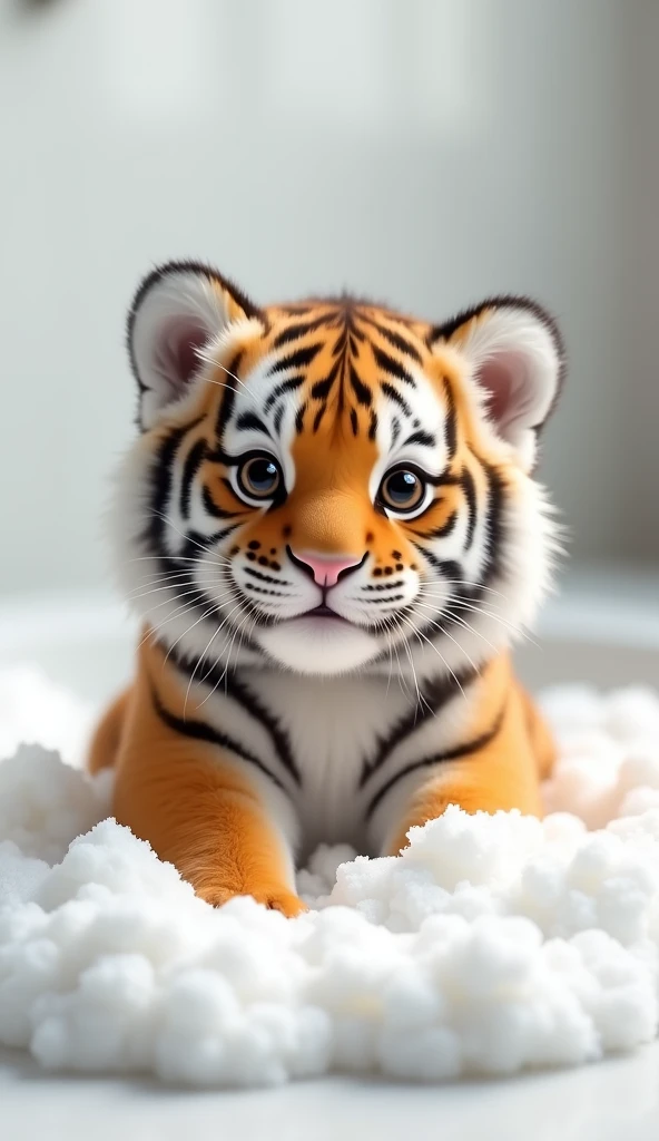 A chubby and cute little tiger baby, Very fat，Big bright eyes, Cute and cuddly，Fluffy, Delicate and exquisite, Real version of tiger cub，The expression is very cute，Play with real white foam in the bathroom，Pure white high-end bathroom background