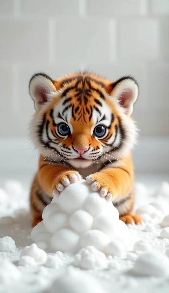 A chubby and cute little tiger baby, Very fat，Big bright eyes, Cute and cuddly，Fluffy, Delicate and exquisite, Real version of tiger cub，The expression is very cute，Play with real white foam in the bathroom，Pure white high-end bathroom background