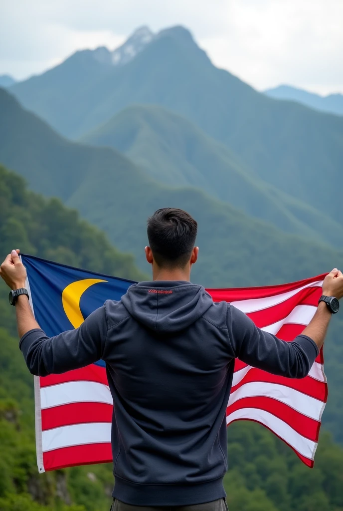 A handsome man wearing a hoodie with a nametag "SitaSha" holding a jalur gemilang with a Mount Kinabalu background
