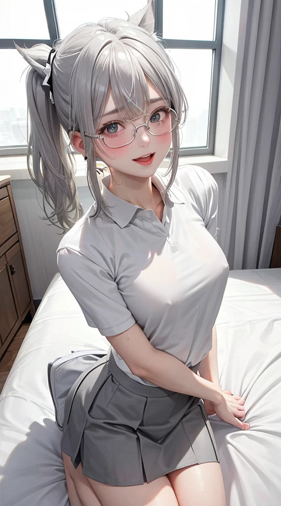 1Girl, Solo, Anime, Ideal body, (Small breast, Hard Nipple). Beautiful, Gorgeous, Fresh, Blunt Bangs, (White Grey Hair:1.5),(Pony Tail Hair:1.3), sport polo shirt, jacket, sporty skirt, sporty pants, Comfort, Fabric Texture. (Seiza:1.3). Earrings, Thin Black Headband, Eye Glasses, Green Accessories, Environmental Details, Bed Room, Natural Light, Modern Bed, Chair, Window, White Curtain, City View. pov, anime style, UHD, retina, masterpiece, accurate, anatomically correct, textured skin. High Resolution, Looking at the viewer, Blush, Best Quality, Award Winning, Accurate, Embarrassed, seductive smile, naughty smile, horny, sweating, Naughty Face, Chin up, lips open, Gradient Eye Color, Sexy Pose. In the top view shot, the body is bent to the viewer, in front of the camera, looking up to the viewer, tongue out, and with an open mouth. From Above, Close-Up, (sticky goo on breast), (white goo on body), (sweating). Milk, white milk on the breast. Hand correct, arm correct. 2 hand, 2 arm.
