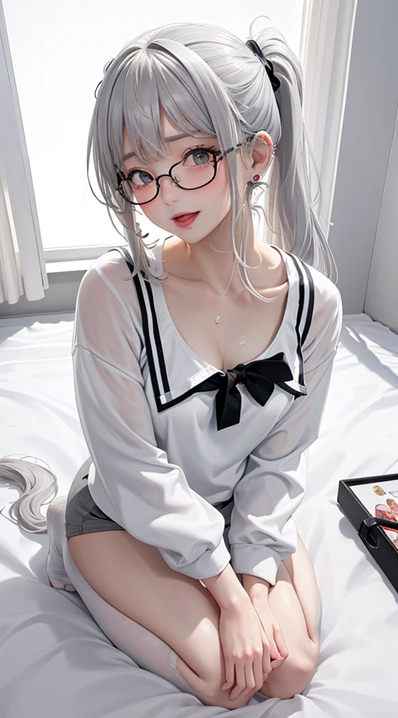 1Girl, Solo, Anime, Ideal body, (Small breast, Hard Nipple). Beautiful, Gorgeous, Fresh, Blunt Bangs, (White Grey Hair:1.5),(Pony Tail Hair:1.3), sport polo shirt, jacket, sporty skirt, sporty pants, Comfort, Fabric Texture. (Seiza:1.3). Earrings, Thin Black Headband, Eye Glasses, Green Accessories, Environmental Details, Bed Room, Natural Light, Modern Bed, Chair, Window, White Curtain, City View. pov, anime style, UHD, retina, masterpiece, accurate, anatomically correct, textured skin. High Resolution, Looking at the viewer, Blush, Best Quality, Award Winning, Accurate, Embarrassed, seductive smile, naughty smile, horny, sweating, Naughty Face, Chin up, lips open, Gradient Eye Color, Sexy Pose. In the top view shot, the body is bent to the viewer, in front of the camera, looking up to the viewer, tongue out, and with an open mouth. From Above, Close-Up, (sticky goo on breast), (white goo on body), (sweating). Milk, white milk on the breast. Hand correct, arm correct. 2 hand, 2 arm.