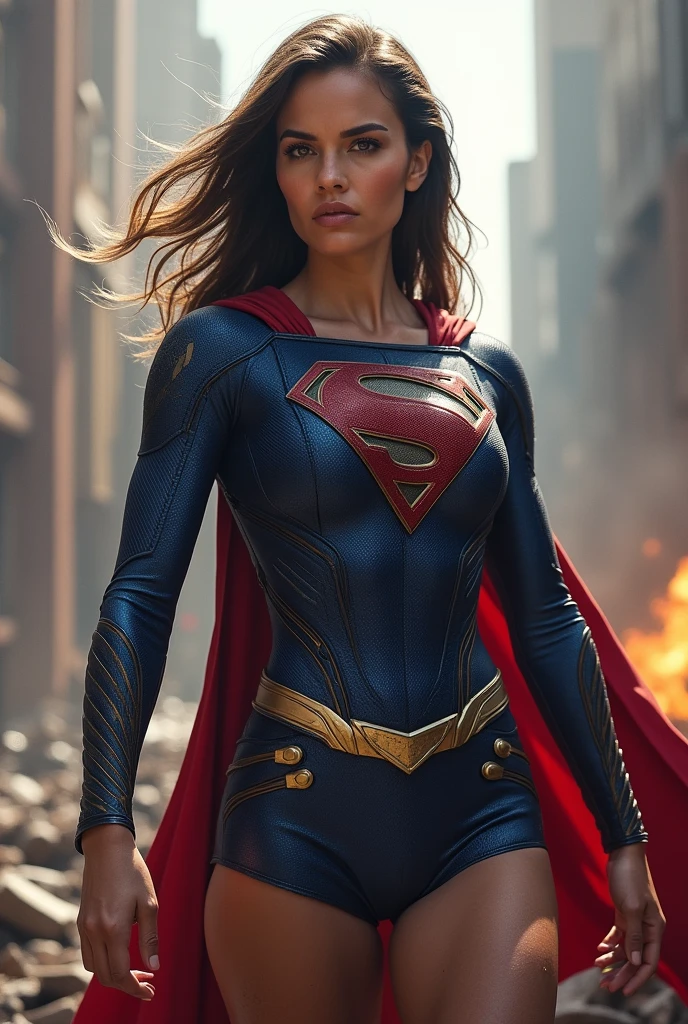 Gal Gadot angry,  super girl outfit destroyed city background