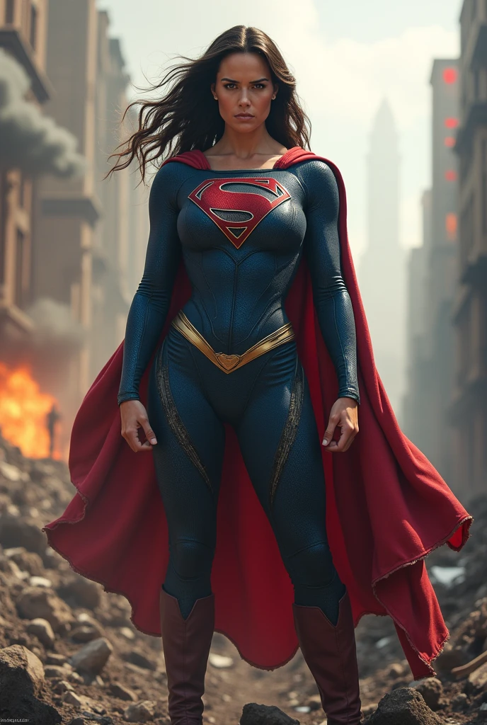 Gal Gadot angry, super girl outfit destroyed city background
