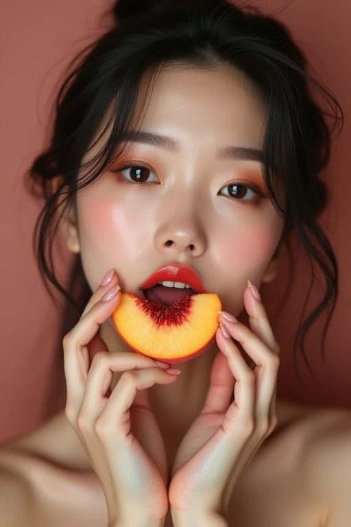 A very beautiful Chinese woman in her 30s、Looking straight ahead、With an erotic and ecstatic look、Looks delicious、is eating a peeled peach with his mouth wide open。Background、Please recommend some famous tourist attractions in China。There are five fingers on one hand。9:In 16 sizes、Highest quality、A masterpiece please。