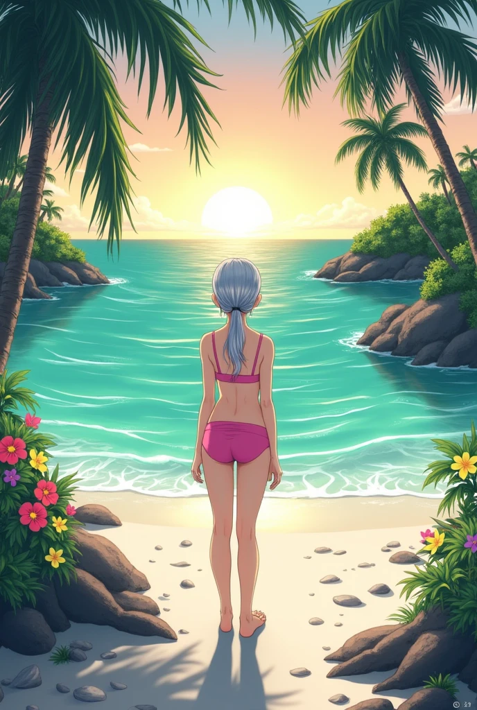A silver-haired girl drawn in high resolution Japanese anime style、Standing alone on the white sand beach of a deserted island。She is wearing a gorgeous pink bikini.、Her hair is in a ponytail that sparkles in the light.。The sea in the background shines emerald green.、The beach is strewn with shells and pebbles.、sometimes、Small waves gently lapping on the shore。Tropical wood々Swaying in the wind、Mr.々Many kinds of birds are singing among the branches.。wood々There are colorful flowers blooming between、The entire island is filled with natural abundance.。On the horizon of the distant sea、The setting sun casts a beautiful orange glow over the ocean.、It gives the whole thing a mysterious feel.。、Wakame seaweed、Wakame seaweed、Wakame seaweed、Wakame seaweed、Wakame seaweed、Wakame seaweed、
