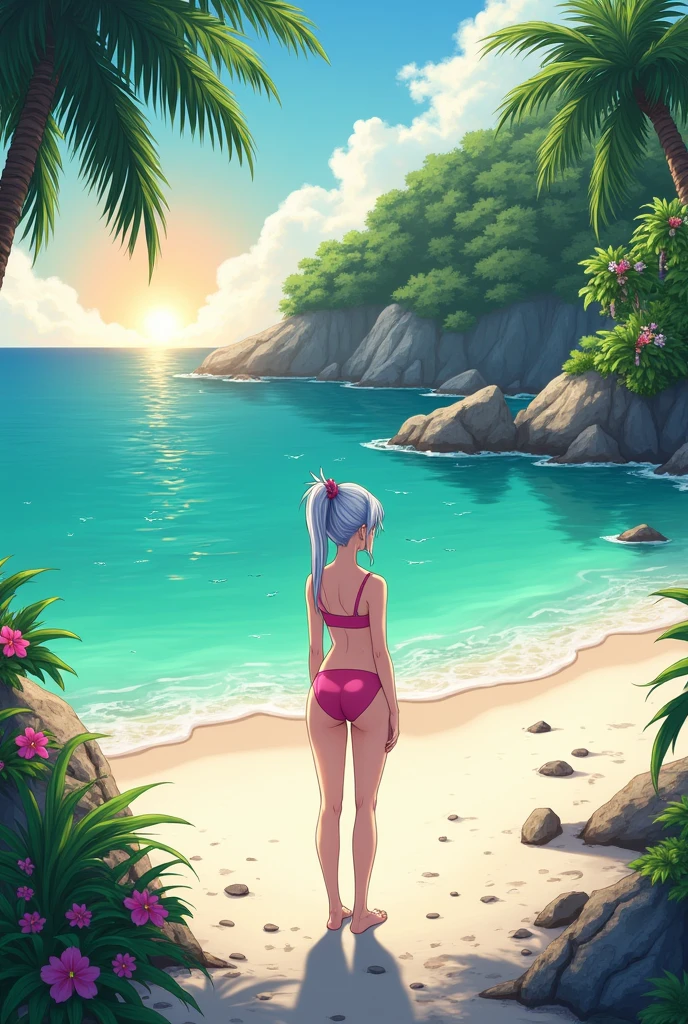 A silver-haired girl drawn in high resolution Japanese anime style、Standing alone on the white sand beach of a deserted island。She is wearing a gorgeous pink bikini.、Her hair is in a ponytail that sparkles in the light.。The sea in the background shines emerald green.、The beach is strewn with shells and pebbles.、sometimes、Small waves gently lapping on the shore。Tropical wood々Swaying in the wind、Mr.々Many kinds of birds are singing among the branches.。wood々There are colorful flowers blooming between、The entire island is filled with natural abundance.。On the horizon of the distant sea、The setting sun casts a beautiful orange glow over the ocean.、It gives the whole thing a mysterious feel.。、Wakame seaweed、Wakame seaweed、Wakame seaweed、Wakame seaweed、Wakame seaweed、Wakame seaweed、