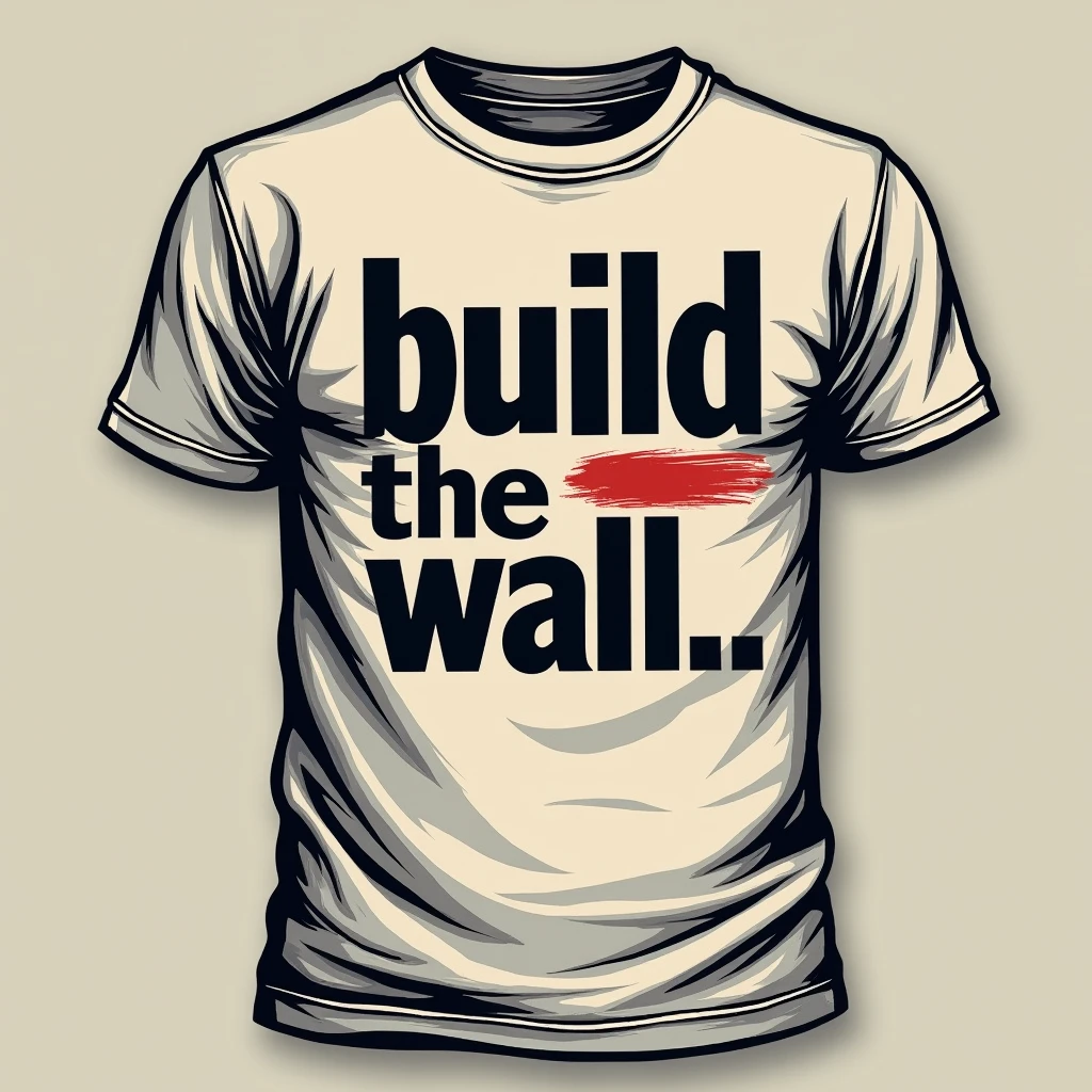 t-shirt design, the words "build the wall" with the last letter scribbled out