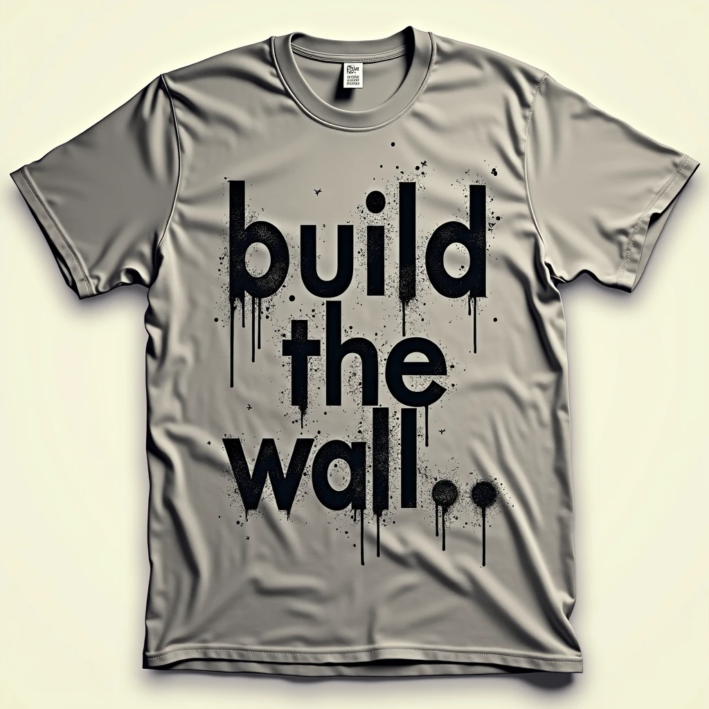 t-shirt design, the words "build the wall" with the last letter scribbled out