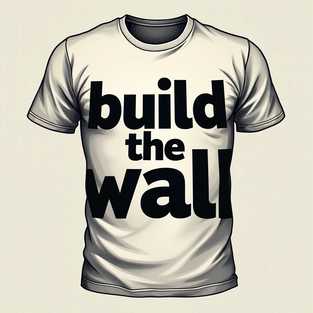 t-shirt design, the words "build the wall" with the last letter scribbled out