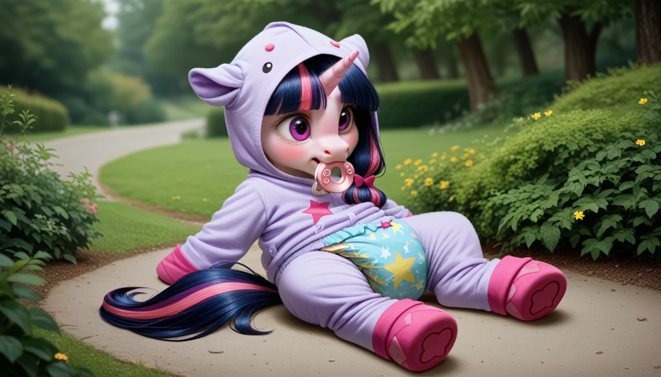 pony, purple unicorn, dark blue mane with purple streak and pink streak, the tail is dark blue with a purple strand and a pink strand, purple eyes, on the side close to the back hoof is a drawing of a pink star with six small stars around a central star, adult mare, sitting outside, dressed in a onesie and booties, pacifier in mouth, solo, thick diaper under clothes, pink blush on cheeks, Embarrassment, Awkwardness.