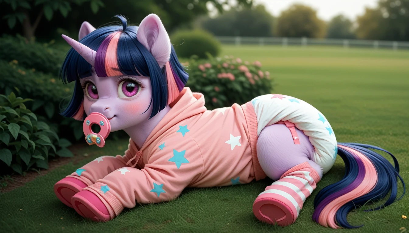pony, purple unicorn, dark blue mane with purple streak and pink streak, the tail is dark blue with a purple strand and a pink strand, purple eyes, on the side close to the back hoof is a drawing of a pink star with six small stars around a central star, adult mare, sitting outside, dressed in an adult size bodysuit and booties, baby adult size pacifier in mouth, solo, thick diaper under clothes, bulge on the back of the diaper, between the hind hooves and on the front of the diaper, saggy diaper, pink blush on cheeks, Embarrassment, Awkwardness.