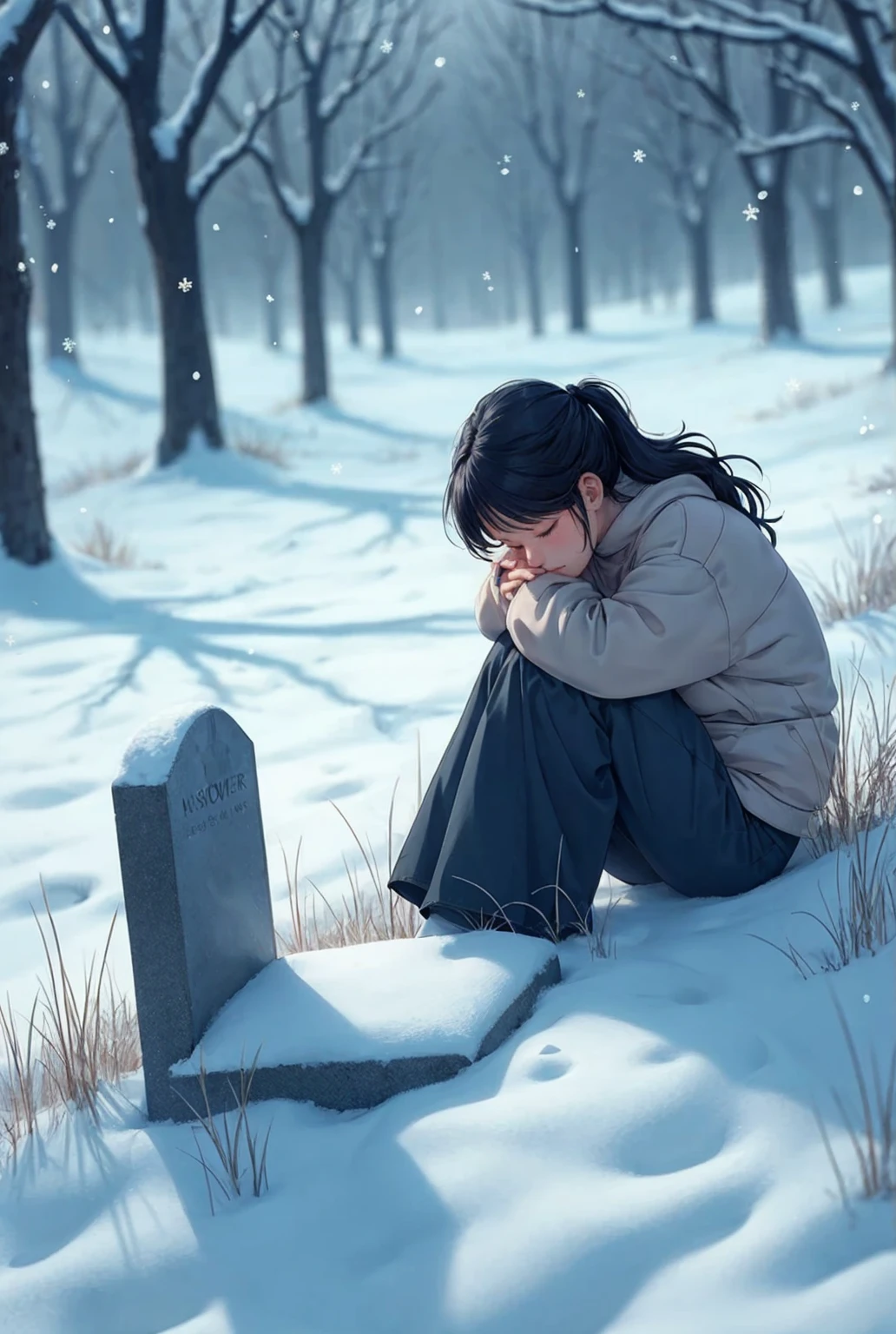 a woman sleeping beside her husband's grave, it was a snowy day, overhead view, sentimental, sad, but vibrant, photorealistic 3d anime illustration