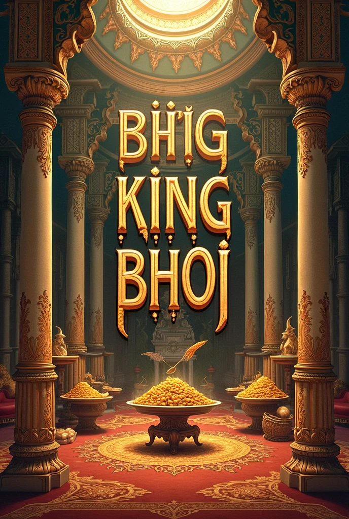 "An artistic representation of King Bhoj's name being derived from the act of feeding the poor, with a background showcasing a royal atmosphere and the symbolism of food and generosity."