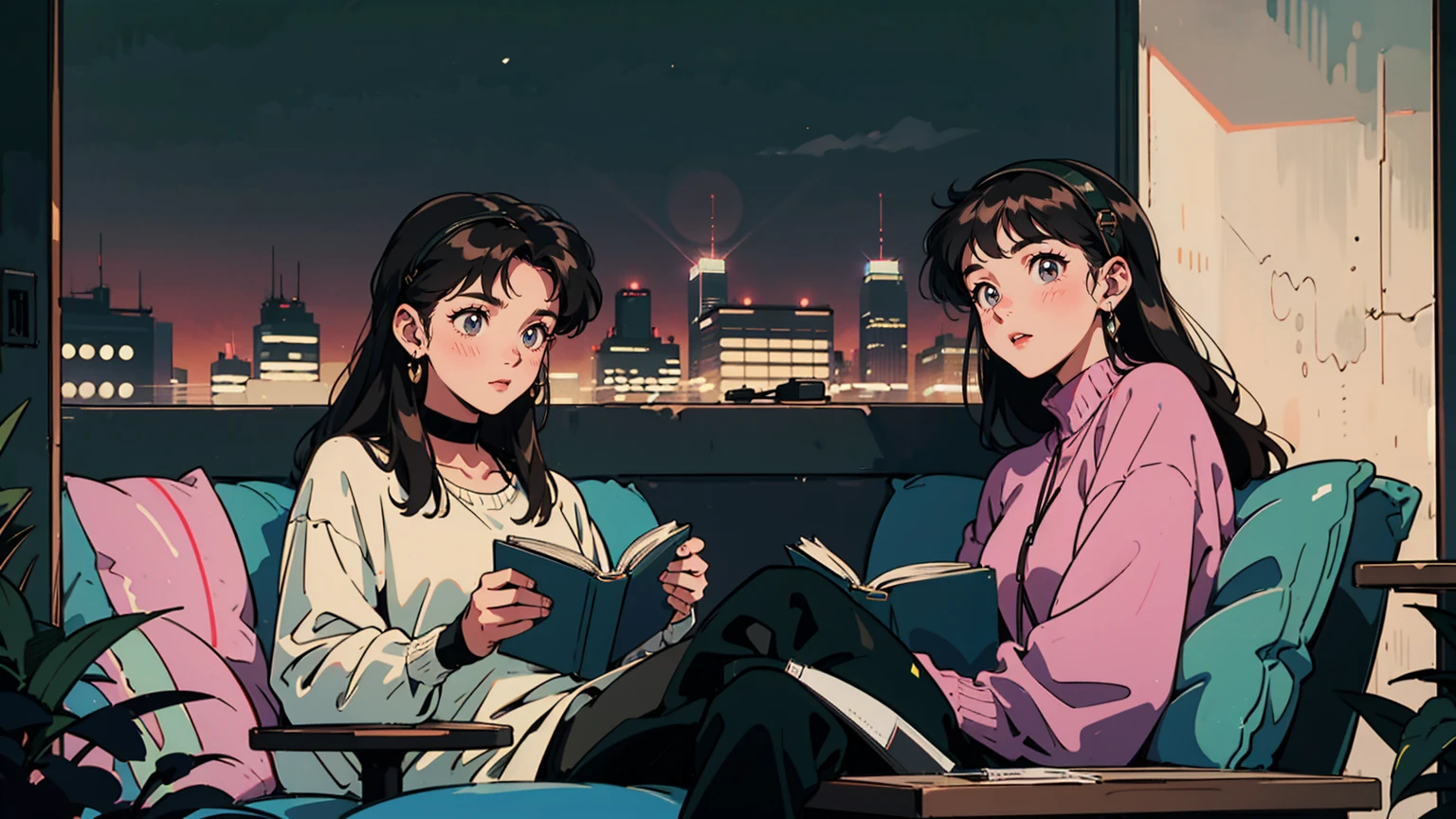 best qualityer, 8k, 1990s style,2010s hairstyles, 2 girl, Bblack hair, long hair, lightbrown eyes, city pop, pants ,night vision, Wearing Headphones,reading a book, all-body, Relax Cafe,tabletop,CONFECTION,Staring at me, cat black