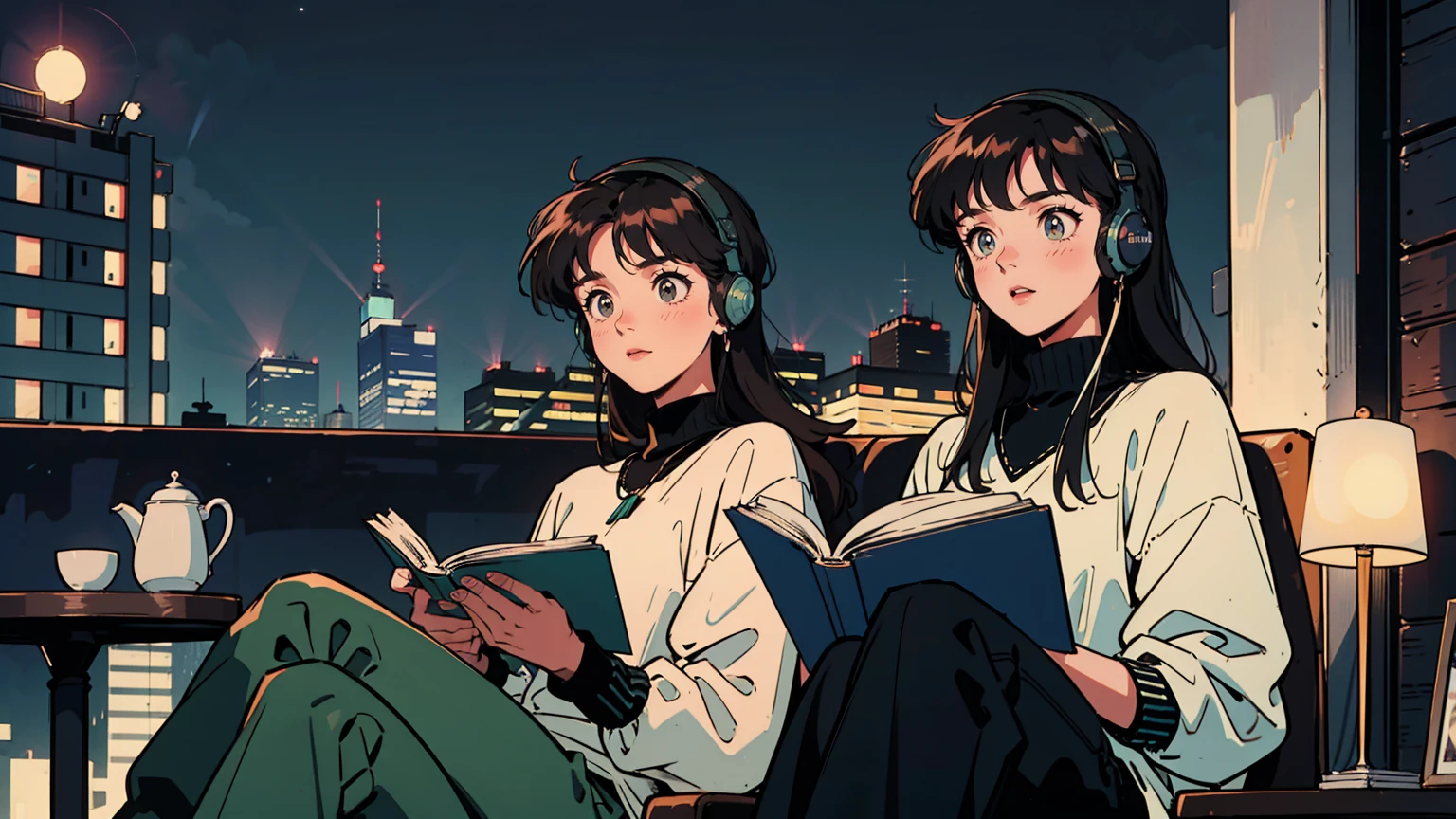best qualityer, 8k, 1990s style,2010s hairstyles, 2 girl, Bblack hair, long hair, lightbrown eyes, city pop, pants ,night vision, Wearing Headphones,reading a book, all-body, Relax Cafe,tabletop,CONFECTION,Staring at me, cat black