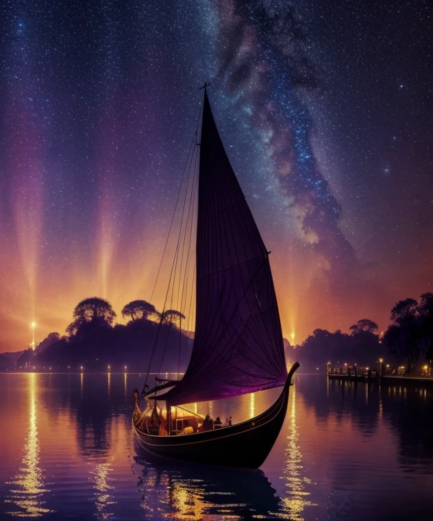 there is a gondola sailboat floating on the water at night with people on it, stars reflecting on the water, far away dreamy atmosphere, space art, tranquility of the endless stars, aurora sky, meteor shower on the sky, big moonlit backdrop, mystical night, fantasy victorian harbour night, sky waters, star lit sky, Starry sky detailed dreamscape, fantasy Victorian art, creative of unique, gold accessories, a surrealist painting inspired by gaston bussiere, shutterstock, gothic art, moonlit purple sky, mystical night, victorian harbour night, dream scenery art, deep dark purple waters, baroque painting. star lit sky, detailed dreamscape, fantasy victorian art, fantasy. Gondola boat