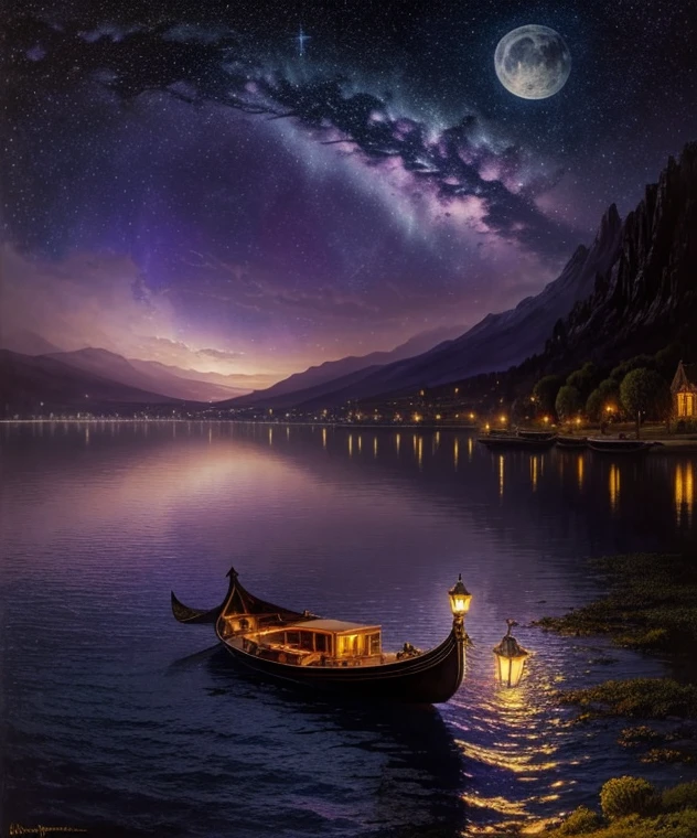 there is a gondola sailboat floating on the water at night with people on it, stars reflecting on the water, far away dreamy atmosphere, space art, tranquility of the endless stars, aurora sky, meteor shower on the sky, big moonlit backdrop, mystical night, fantasy victorian harbour night, sky waters, star lit sky, Starry sky detailed dreamscape, fantasy Victorian art, creative of unique, gold accessories, a surrealist painting inspired by gaston bussiere, shutterstock, gothic art, moonlit purple sky, mystical night, victorian harbour night, dream scenery art, deep dark purple waters, baroque painting. star lit sky, detailed dreamscape, fantasy victorian art, fantasy. Gondola boat